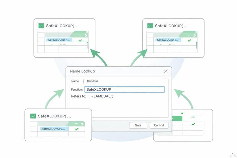 Illustration of an Excel Name Manager window conceptually, showing a custom function named SafeXLOOKUP defined with LAMBDA and reused across multiple sheets; arrows indicating reuse and consistent outputs; clean minimal vector style, soft colors, no real UI branding, no readable sensitive data.