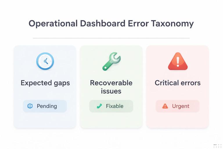 Illustration of an operational dashboard error taxonomy as a clean infographic: three labeled categories (Expected gaps, Recoverable issues, Critical errors) with small icons (clock for pending, wrench for fixable, warning triangle for critical), neutral business style, light background, clear typography, flat design, high readability.