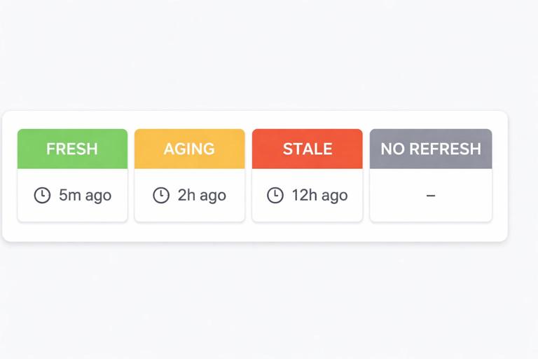 Dashboard banner showing a freshness status indicator with states FRESH, AGING, STALE, NO_REFRESH, using color-coded labels and a timestamp; clean operational dashboard UI, minimal, professional look, flat design, high readability.