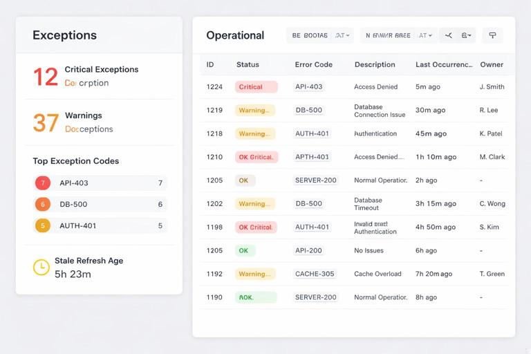 An operational dashboard layout featuring a compact Exceptions panel with metrics (count of critical exceptions, warnings, top exception codes, stale refresh age) next to a table; clean spreadsheet/dashboard hybrid, professional business style, clear typography, minimal color accents for severity.