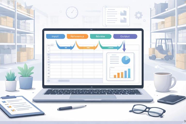 Illustration of a clean, modern operations workspace: a laptop showing an Excel-like template with clearly labeled Input, Reference, Review, and Output tabs; arrows indicating standardized flow from data entry to automated reporting; warehouse/operations background elements subtle and professional; flat vector style, high readability, no brand logos, no text.