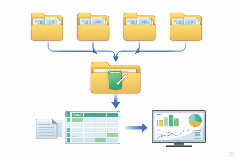 Diagram-style illustration of folder-based ingestion: multiple site log files flowing into a single master dataset via Power Query; icons for files and a folder, arrows showing append/combine, resulting in one clean table feeding a dashboard; professional, minimal, flat design, no text, no brand logos.