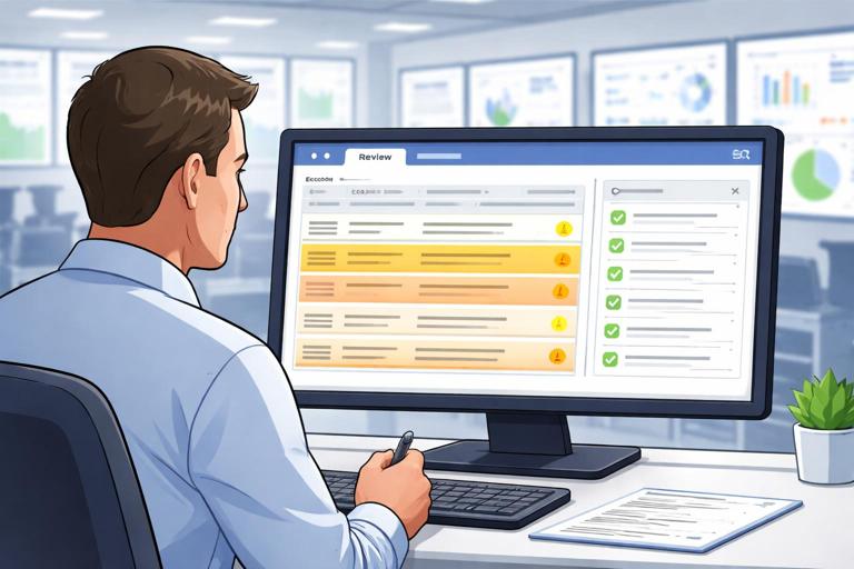 Scene of a supervisor reviewing an issue tracker template on a computer: a Review tab with highlighted exception rows and checklist panel; a dashboard preview in the background; office or operations control room setting; clean, professional, semi-flat illustration style, no readable text, no logos.
