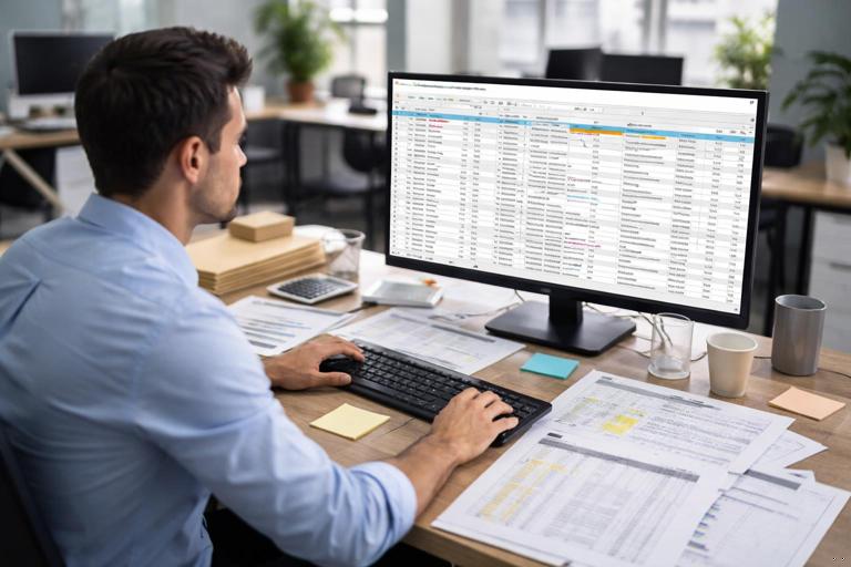 An operations analyst at a desk viewing Excel Power Query Editor on a monitor, with messy shipment spreadsheets and multiple export files visible; visual cues of inconsistent headers, mixed date formats, extra spaces; clean modern office, realistic style, no readable text