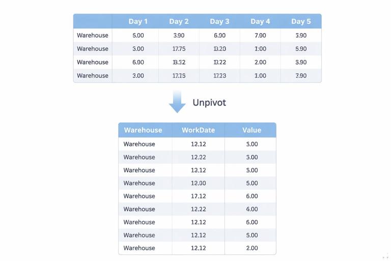 Before-and-after visualization of a wide cross-tab capacity report transforming into a tall normalized table via unpivot; warehouse rows and day columns becoming WorkDate rows; clean instructional style, no readable text