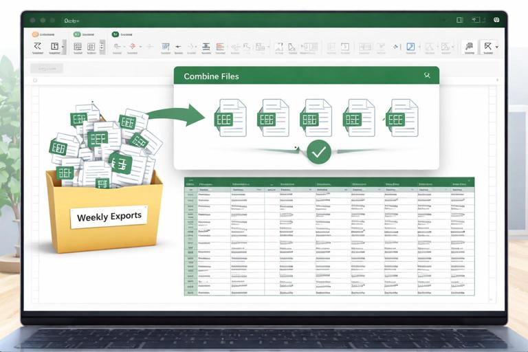 A folder on a computer labeled weekly exports feeding into Excel Power Query Combine Files workflow; multiple file icons merging into one clean table; instructional realistic UI-inspired scene, no readable text