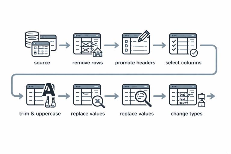 A concise visual of an M code pipeline flowing through labeled steps: source, remove rows, promote headers, rename columns, select columns, trim and uppercase, replace values, filter totals, change types; modern technical illustration, dark-on-light, no readable text