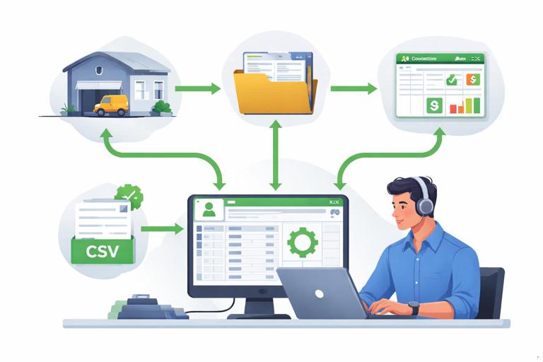 Illustration of an operations analyst using Excel Power Query to automatically refresh data from multiple sources: a CSV file, a folder of files, and a multi-sheet workbook, with icons for warehouse, vendor portal, and finance, clean modern flat style, high clarity, no text