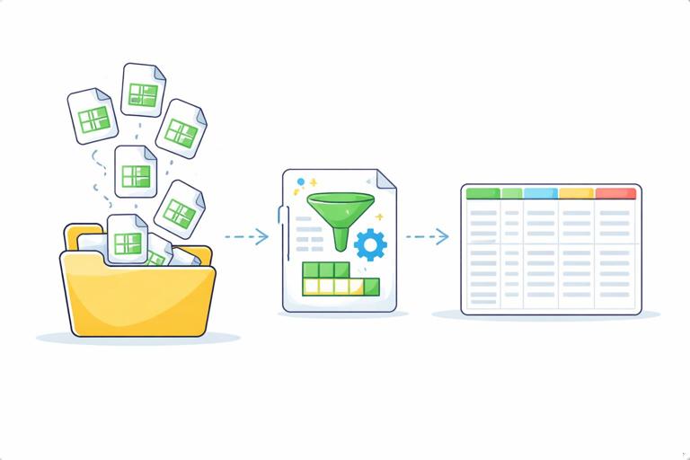 Diagram-style illustration of a folder receiving many CSV files over time, Power Query applying a transformation function to each, and outputting one consolidated table, clean vector style, high clarity, no text labels