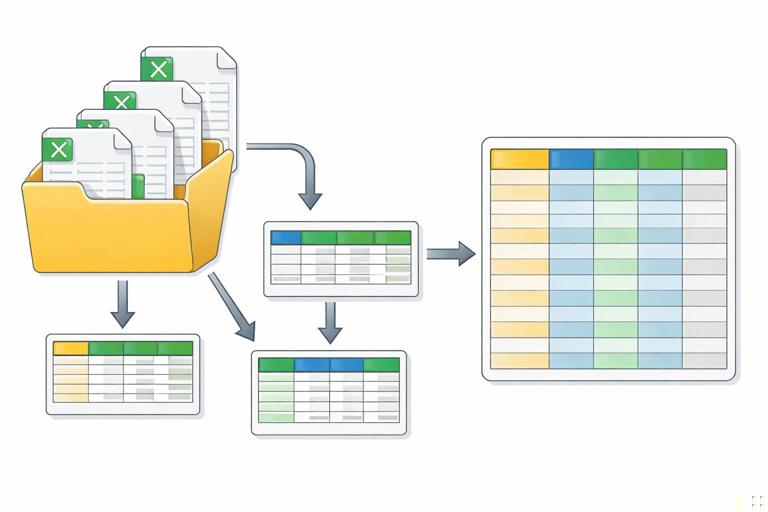 Workflow illustration showing a folder of Excel workbooks, each opened to extract a specific table, then appended into a single consolidated dataset, clean professional vector style, high clarity, no text