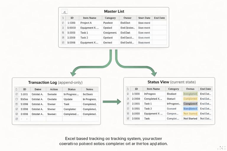 Illustration of an Excel-based operations tracking system using three connected tables: Master List, Transaction Log (append-only), and Status View (current state). Show arrows indicating data flow from master and log into status view, with a clean spreadsheet aesthetic, neutral colors, and clear labels. No brand logos.