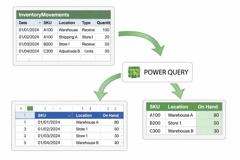 Excel-style screenshot illustration showing an InventoryMovements log table feeding into a Power Query transformation that produces an OnHand status table by SKU and Location. Include arrows, a small pivot-like summary, and clean spreadsheet visuals. No real company data.