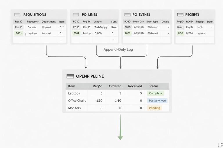 Diagram of a purchasing pipeline tracker in Excel: Requisitions table, PO_Lines table, PO_Events append-only log, and Receipts log feeding a calculated OpenPipeline status view. Use arrows and a clear, modern spreadsheet UI look with neutral colors. No logos.