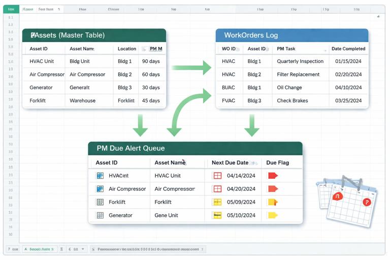 Excel workbook illustration of maintenance tracking: an Assets master table and a WorkOrders log feeding a PMDue generated queue with NextDueDate and DueFlag. Include calendar-like due dates, arrows showing data flow, and a clean spreadsheet interface style.
