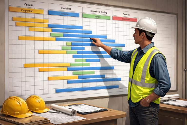 Construction CPM schedule concept image: a wall-sized schedule with color-coded activities (prep, install, inspect/test, close) and a foreman pointing at a specific task like Install duct mains Level 4 East, with clipboards and hard hats. Professional realistic illustration, no text.