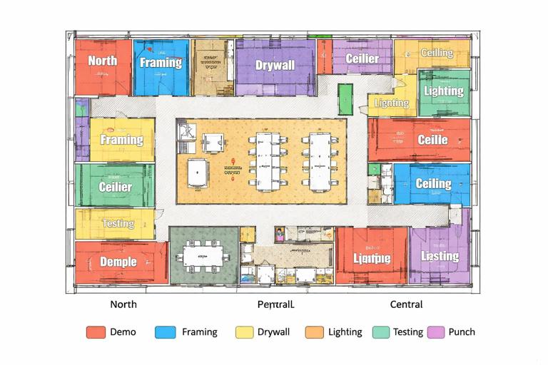 Illustration of a small commercial office fit-out plan: floor plan divided into north, central, south zones with colored work package labels for demo, framing, drywall, ceiling, lighting, testing, punch. Construction management style, clean, no text.