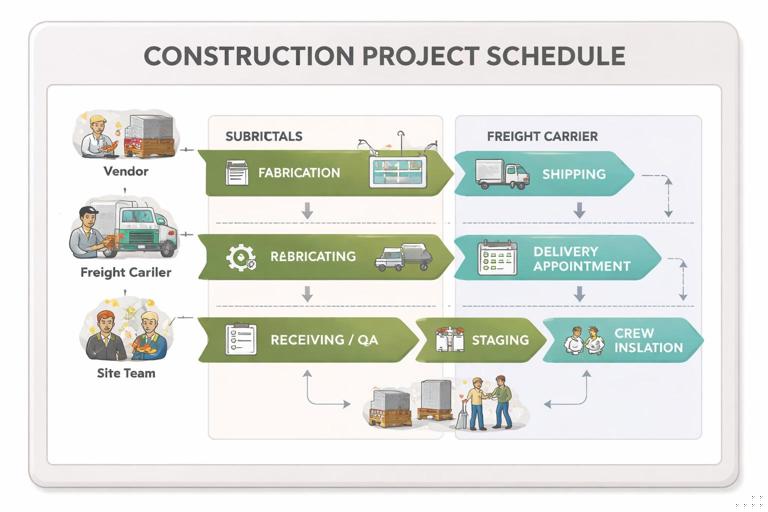 Illustration of a construction project schedule board integrating procurement and logistics milestones with installation tasks: submittals, fabrication, shipping, delivery appointments, receiving/QA, staging, and crew installation, with clear handoff arrows between vendor, freight carrier, and site team; clean modern infographic style, high readability, neutral colors.