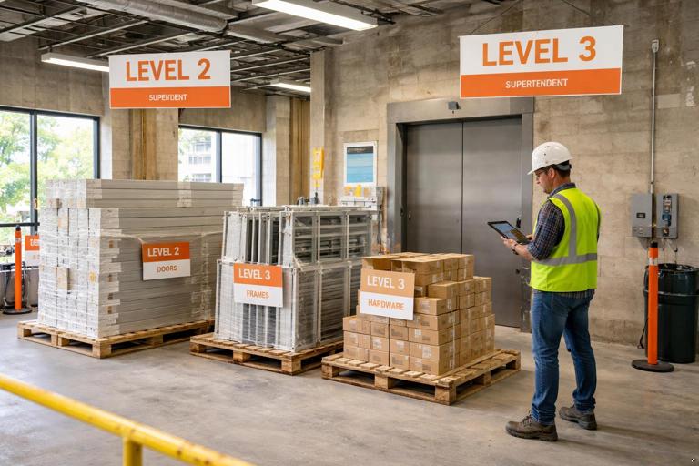 Realistic construction site logistics scene inside a commercial building: pallets of doors, frames, and hardware labeled by floor, a small staging area near a freight elevator, superintendent with tablet coordinating delivery schedule, clear signage for Level 2 and Level 3, documentary photography style, natural light.