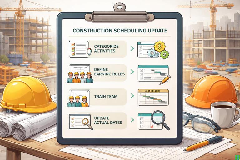 Illustration of a construction scheduling update workflow on a clipboard or tablet: steps labeled categorize activities, define earning rules, train team, update actual dates, reality check. Field setting with hard hats, Gantt chart and progress checklist visuals, clean professional style, high readability, muted construction colors.