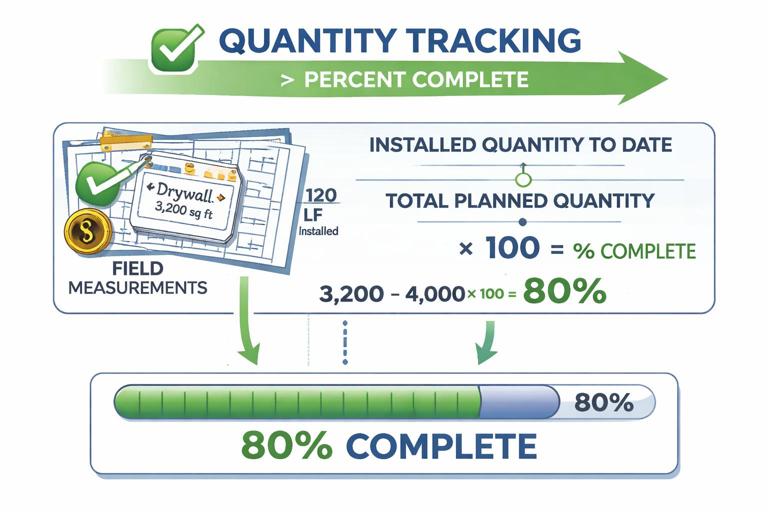 Diagram-style illustration showing quantity tracking converting installed units into percent complete: a progress bar, formula Installed Quantity to Date divided by Total Planned Quantity times 100, and field elements like measured drywall square footage or linear feet on plans. Clean, professional construction management infographic look.