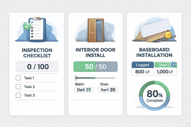 Three-panel construction progress examples infographic: panel 1 inspection checklist with 0/100, panel 2 interior door install with 50/50 timeline, panel 3 baseboard linear feet quantity log turning into percent complete. Clean icons, clear labels, professional field management style.