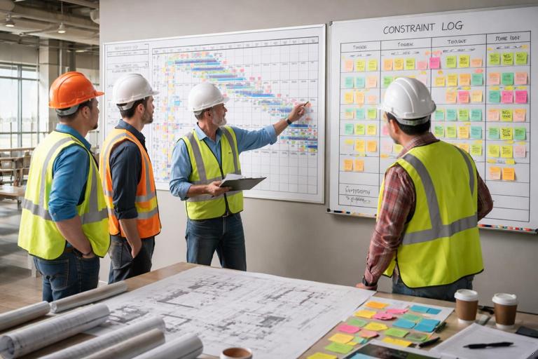 Photorealistic construction site planning scene: superintendent and foremen gathered around a large wall-mounted schedule and a whiteboard constraint log, hard hats and safety vests, floor plan drawings on a table, sticky notes by zones and trades, modern commercial interior build-out in background, natural daylight, documentary style, high detail, 16:9