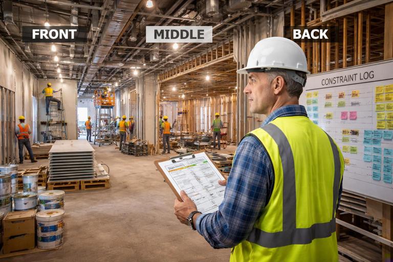 Photorealistic interior construction build-out divided into three zones with clear signage Front, Middle, Back; crews working in different areas, superintendent holding a one-page weekly work plan clipboard, visible constraint log on a board, organized materials staging, realistic jobsite lighting, high detail, 16:9