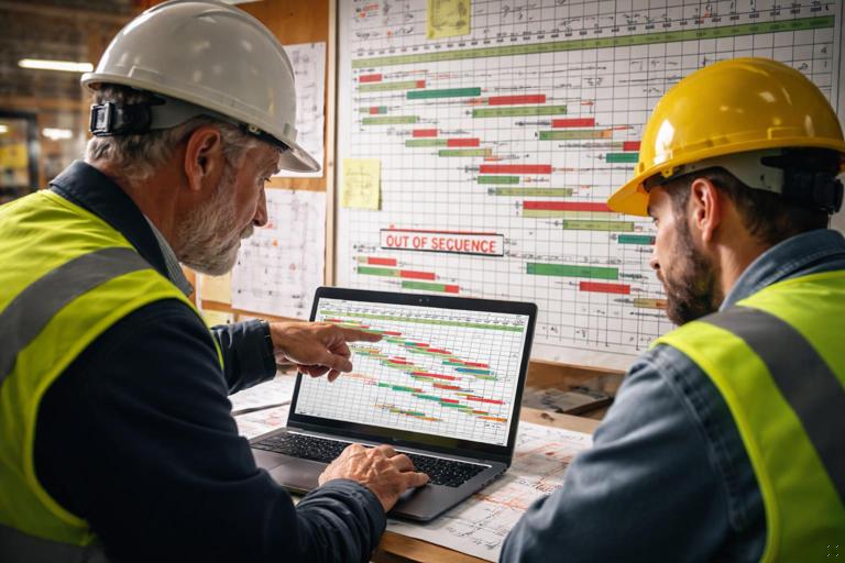 Illustration of a construction project schedule update meeting: a superintendent and scheduler reviewing a Gantt chart on a laptop with a wallboard plan behind them, showing out-of-sequence work highlighted in red and green, jobsite interior background, realistic documentary style, sharp lighting, high detail