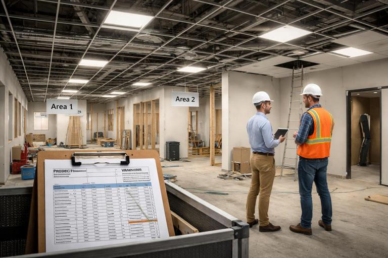 Illustration of a small commercial interior build-out with two work zones labeled Area 1 and Area 2, ceiling grid and rough-in visible, a printed schedule and variance report on a clipboard, an inspector meeting the superintendent near an above-ceiling access panel, realistic construction site lighting, high detail, professional documentary style