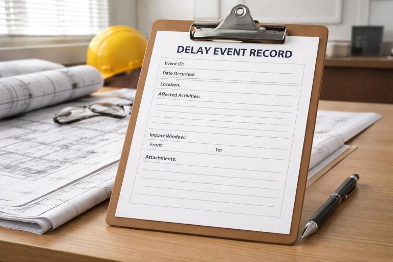 A clean, professional delay event record template on a clipboard with labeled fields (Event ID, Date occurred, Location, Affected activities, Impact window, Attachments), next to construction documents and a pen; shallow depth of field, neutral office trailer background, realistic documentary photo style.