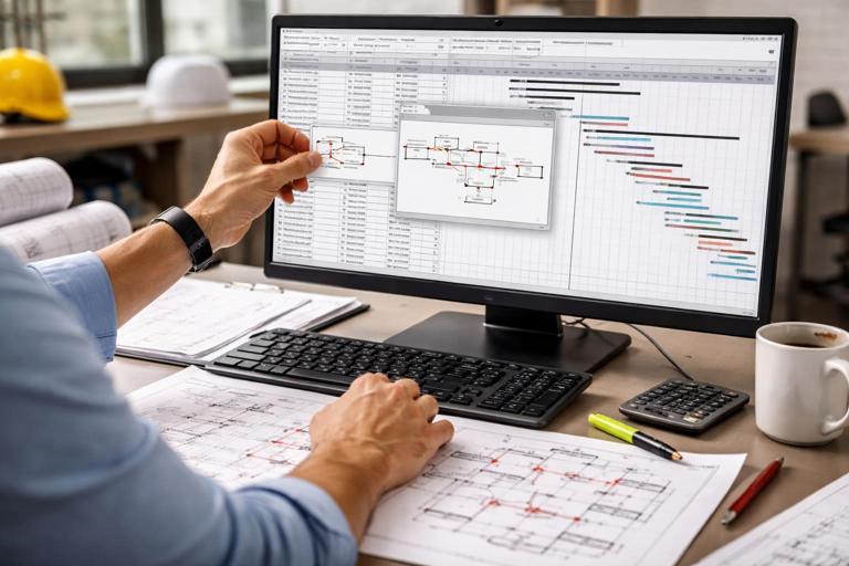 A project scheduler inserting a small fragnet network into a CPM schedule on a computer screen, with a printed logic diagram and highlighted critical path on the desk; construction office setting, realistic style, sharp details, no readable brand logos.