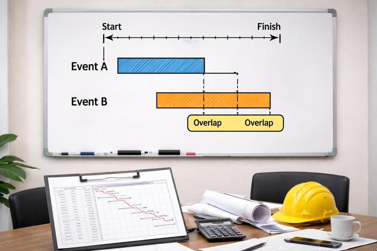 A timeline chart on a whiteboard showing two overlapping delay bars labeled Event A and Event B with an overlap section highlighted, beside a CPM critical path printout; construction claims meeting room, realistic photo style, clear visual explanation.