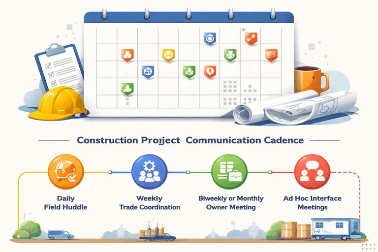 Create an editorial illustration of a construction project communication cadence: a wall calendar and a simple rhythm timeline showing Daily field huddle, Weekly trade coordination, Biweekly or Monthly owner meeting, and Ad hoc interface meetings. Include subtle construction elements like hard hats, clipboards, site trailer, and color-coded icons for each cadence. Clean, modern, flat design style, readable but not text-heavy.