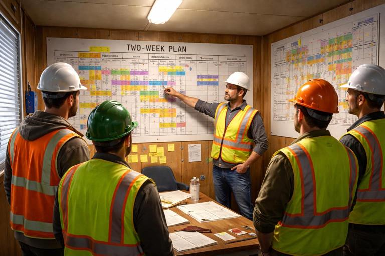 Illustration of a construction site trailer interior during a morning huddle: superintendent pointing at a large printed two-week plan and a marked-up board, foremen in hard hats listening, color-coded zones, constraint notes on sticky notes, clean realistic style, warm lighting, professional documentary feel.