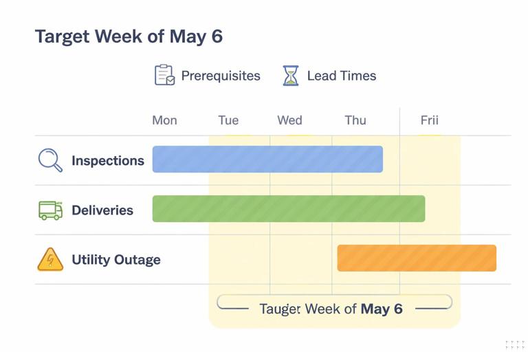 A clean infographic-style illustration showing a schedule timeline with a highlighted time window instead of a single date: inspections, deliveries, and a utility outage represented as colored bars labeled target week of May 6, with small icons for prerequisites and lead times. Minimal, professional project management aesthetic, white background, clear visual hierarchy.