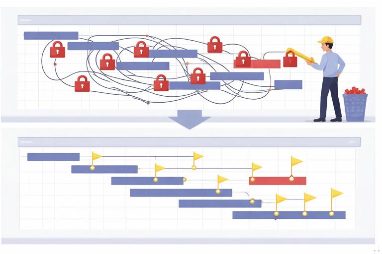 Construction scheduling concept image showing a Gantt chart with many red padlock icons on tasks (hard constraints) causing tangled logic lines and misleading float; a planner removing padlocks and replacing them with milestones; clean vector infographic style, no readable text.