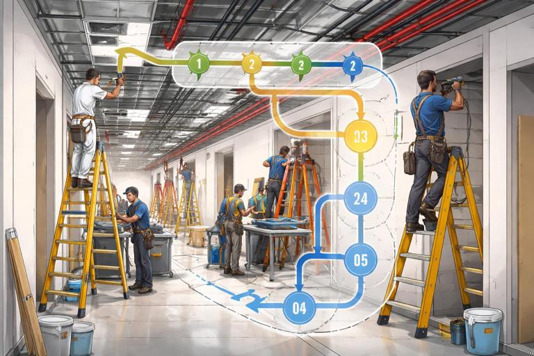 Interior construction corridor with multiple trades stacked in the same tight area (painters, electricians, sprinkler techs) causing congestion, with a planner overlay showing an area-release flow and sequencing arrows; realistic but clean illustration, no readable text.