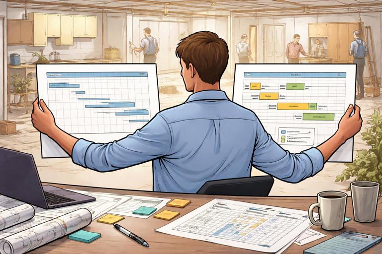 Mini case study illustration: a project manager at a table comparing a clean but unrealistic schedule versus a revised reliable schedule with clear handoffs, correction windows, and a weekly checklist; small commercial interior build-out in background; professional editorial illustration style, no readable text.
