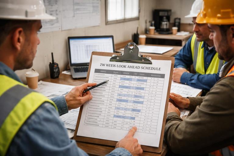 A construction trailer meeting scene with a printed two-week look-ahead schedule on a clipboard: columns for area, trade, planned start/finish, constraints; a foreman pointing at the sheet while others review; background shows a simple Gantt chart on a laptop; realistic documentary style; no readable text.