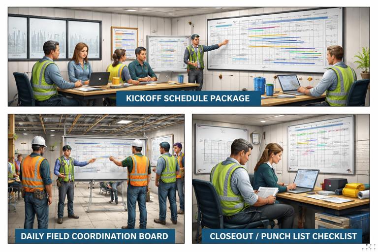 Illustration of a commercial interior tenant improvement project timeline transforming into three layers: kickoff schedule package, daily field coordination board, and closeout/punch list checklist. Show a GC team in a site trailer reviewing milestones, then in the field coordinating trades under an open ceiling, then completing closeout documents and punch list items. Clean, realistic, professional construction management style.