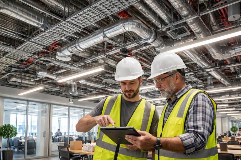 Realistic commercial office build-out interior with an open ceiling showing ductwork, sprinkler mains, cable tray, lighting, and fire alarm devices crowded together; GC and MEP foremen reviewing coordination drawings on a tablet; emphasis on above-ceiling congestion and coordination. Professional architectural visualization, natural lighting, high detail.