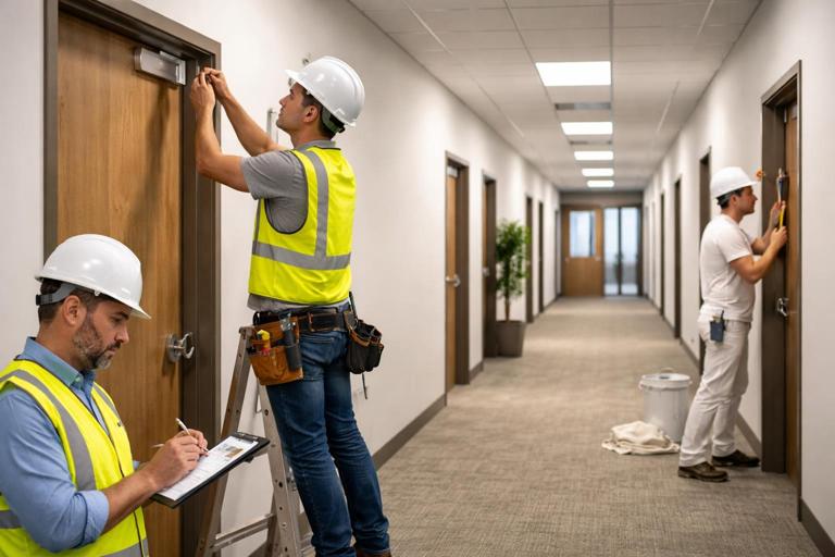 Construction punch list scene in a finished office corridor: superintendent with clipboard/tablet verifying door hardware fixes, hardware subcontractor adjusting door closer, painter doing touch-up nearby; clear sense of zone-based punch work and verification loop. Realistic photography style, professional, clean lighting.