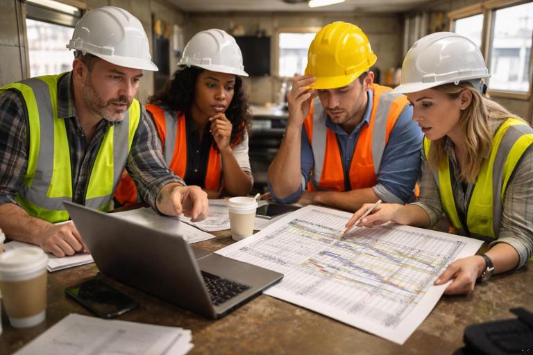 A construction project team in a jobsite trailer reviewing a schedule on a laptop and a printed spreadsheet side by side, showing confusion and handoffs, realistic documentary style, no readable text, high detail, natural lighting