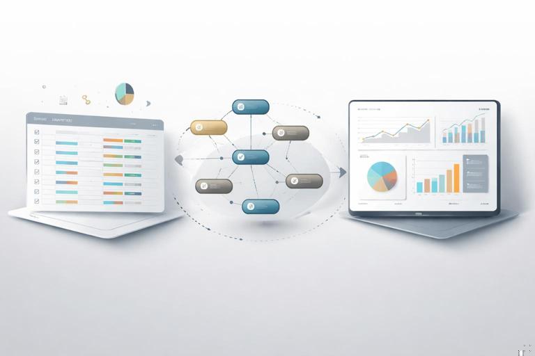 A clean visual of a master activity register concept: a spreadsheet-like table morphing into a CPM network diagram and into an enterprise dashboard, emphasizing portability, modern minimalist style, no readable text, neutral colors