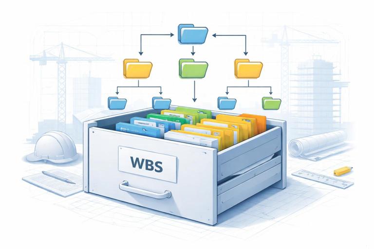 A clean, modern construction project planning scene: an open filing cabinet labeled WBS with neatly organized folders labeled Activities, arrows showing hierarchy and sequence, subtle construction blueprint background, professional infographic style, high resolution, no text.