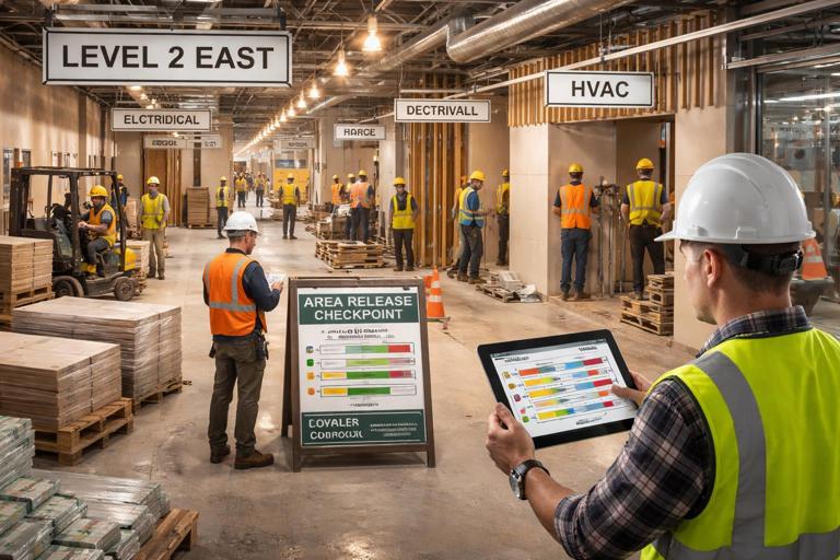 Illustration of an active construction jobsite schedule coming to life: multiple trade crews working in adjacent zones, a superintendent holding a tablet with a color-coded activity list, clear area-release signage, an inspector at a checkpoint, material pallets arriving, realistic indoor buildout environment with labeled zones (e.g., Level 2 East, Corridor), documentary style, high detail, neutral lighting.