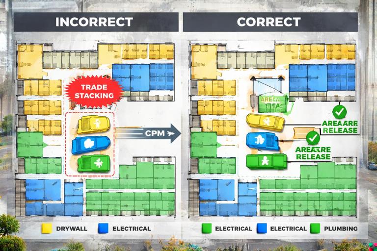 Construction scheduling concept image: a building floor plan divided into colored zones, with trade icons (drywall, electrical, plumbing) stacked incorrectly in one corridor contrasted with a corrected sequential flow, clear area release markers, CPM-style arrows, clean infographic + realistic jobsite overlay, professional, high clarity.
