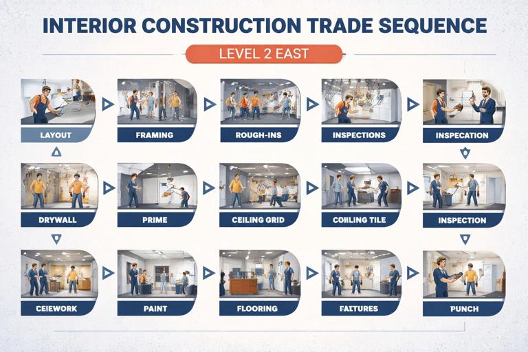 Clean visual workflow diagram of an interior construction trade sequence (layout, framing, rough-ins, inspections, insulation, drywall, prime, ceiling grid, above-ceiling completion, inspection, ceiling tile, paint, flooring, casework, trim, fixtures, testing, punch), with arrows and zone label (Level 2 East), blending infographic clarity with subtle jobsite textures, professional presentation.