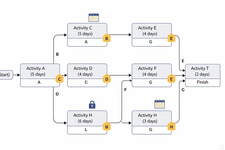 Illustration of a CPM network diagram showing activities connected by arrows labeled predecessors and successors, with a few date constraints icons (calendar/lock) applied; clean professional construction planning style, flat design, high readability.