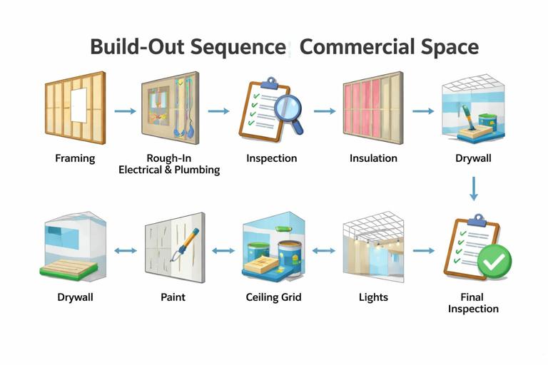 Interior build-out sequence visualization: small commercial space with icons for framing, rough-in electrical and plumbing, inspection, insulation, drywall, paint, ceiling grid, lights, final inspection; arranged as a simple timeline/network with arrows; clean instructional style.